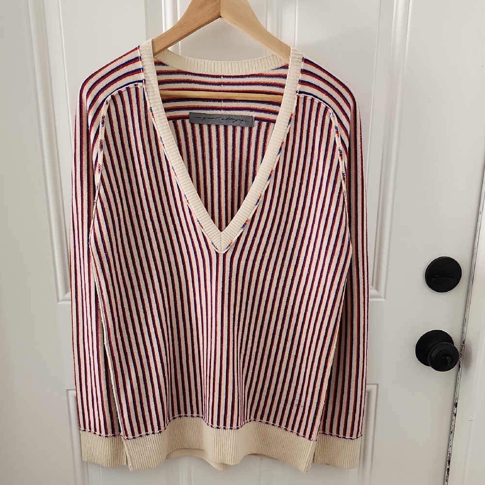 Raquel Allegra Red and White V-Neck Sweater
